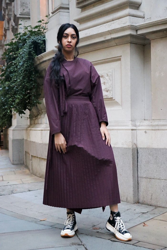 Burgundy Pleated Over Skirt Dress