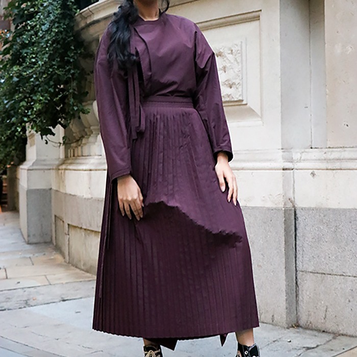 Burgundy Pleated Over Skirt Dress